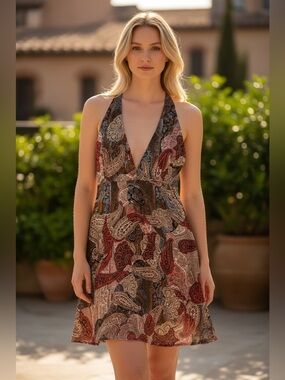 WYLDR Boho Paisley Print V-Neck Mini Dress in Earth Tones